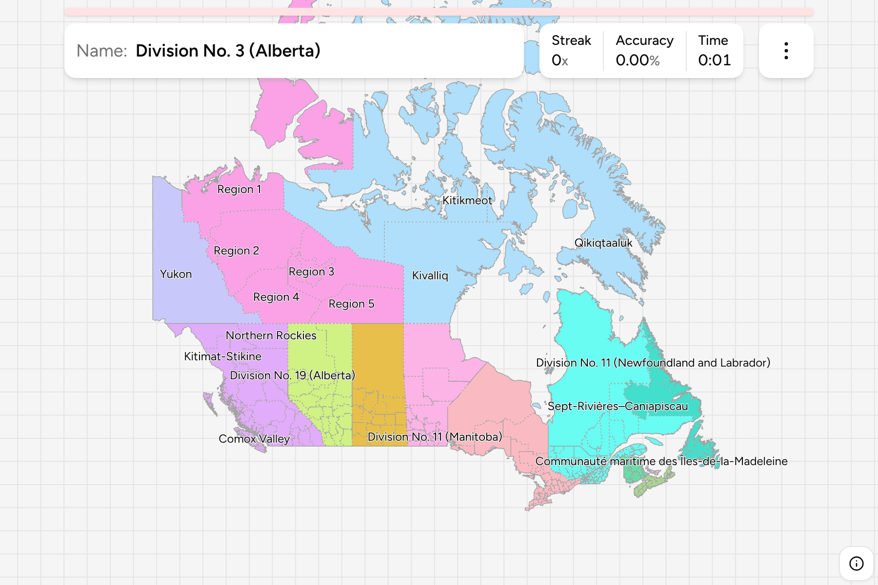 Screenshot of Canada Census Divisions game
