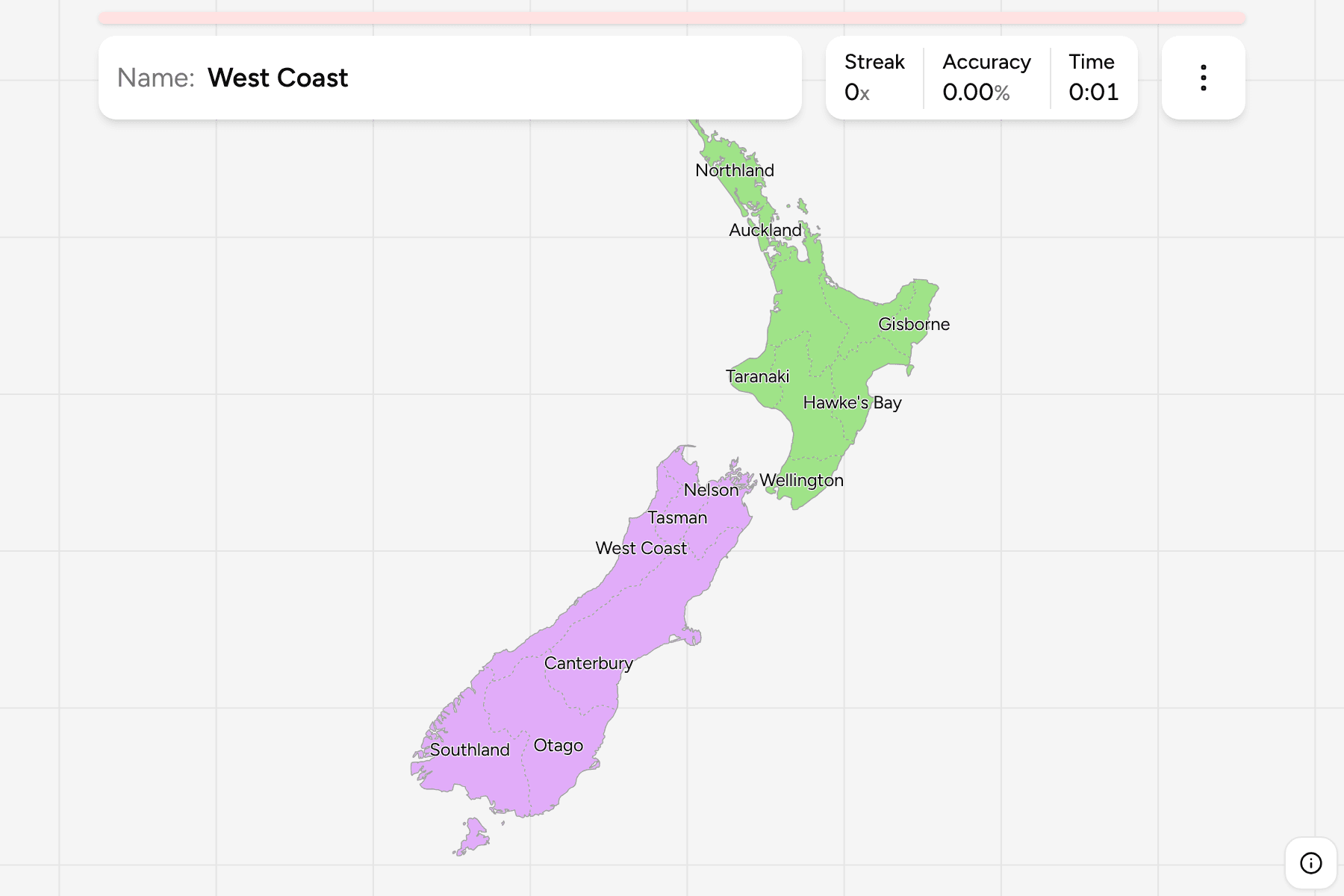 Screenshot of New Zealand Regions game