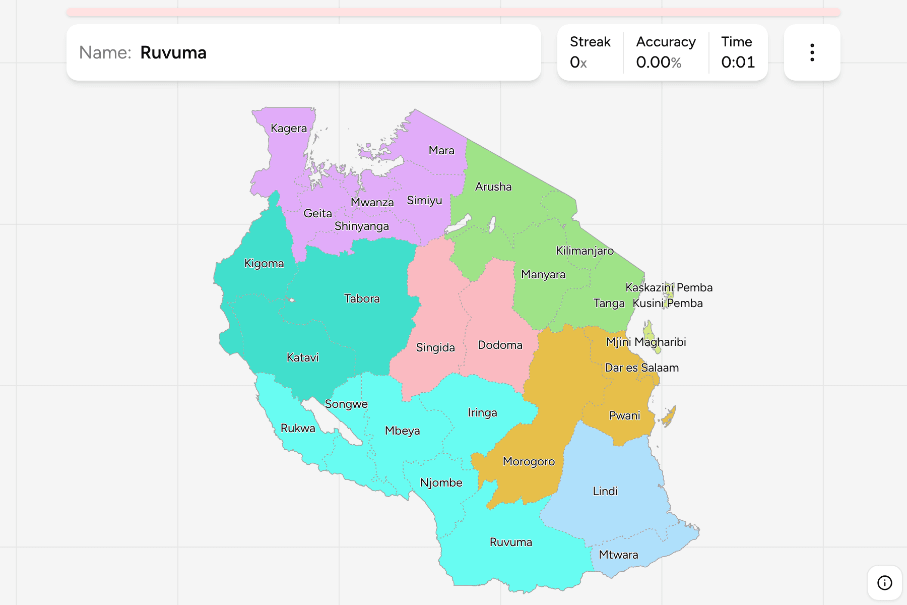 Screenshot of Tanzania Regions game