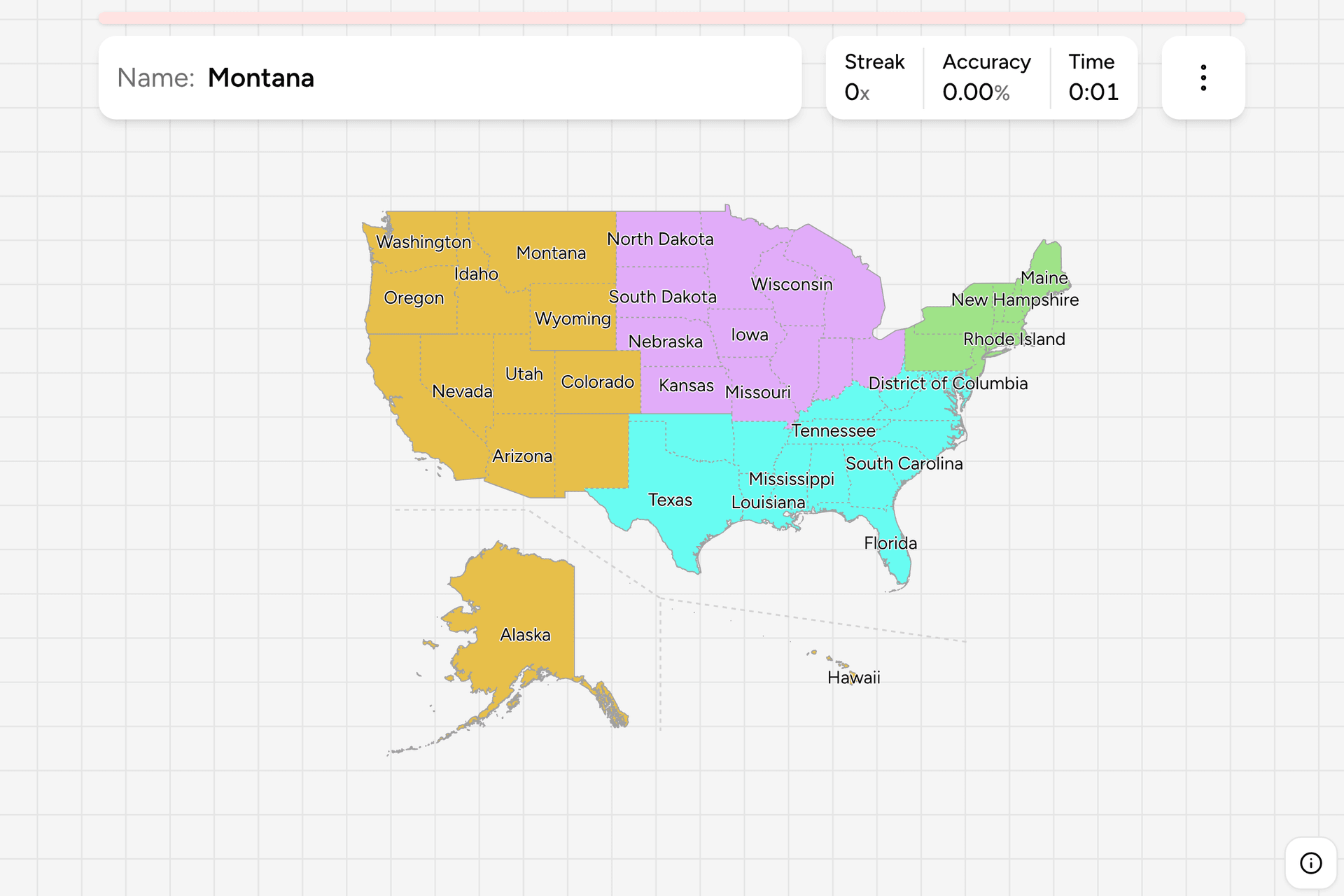 Screenshot of US States game