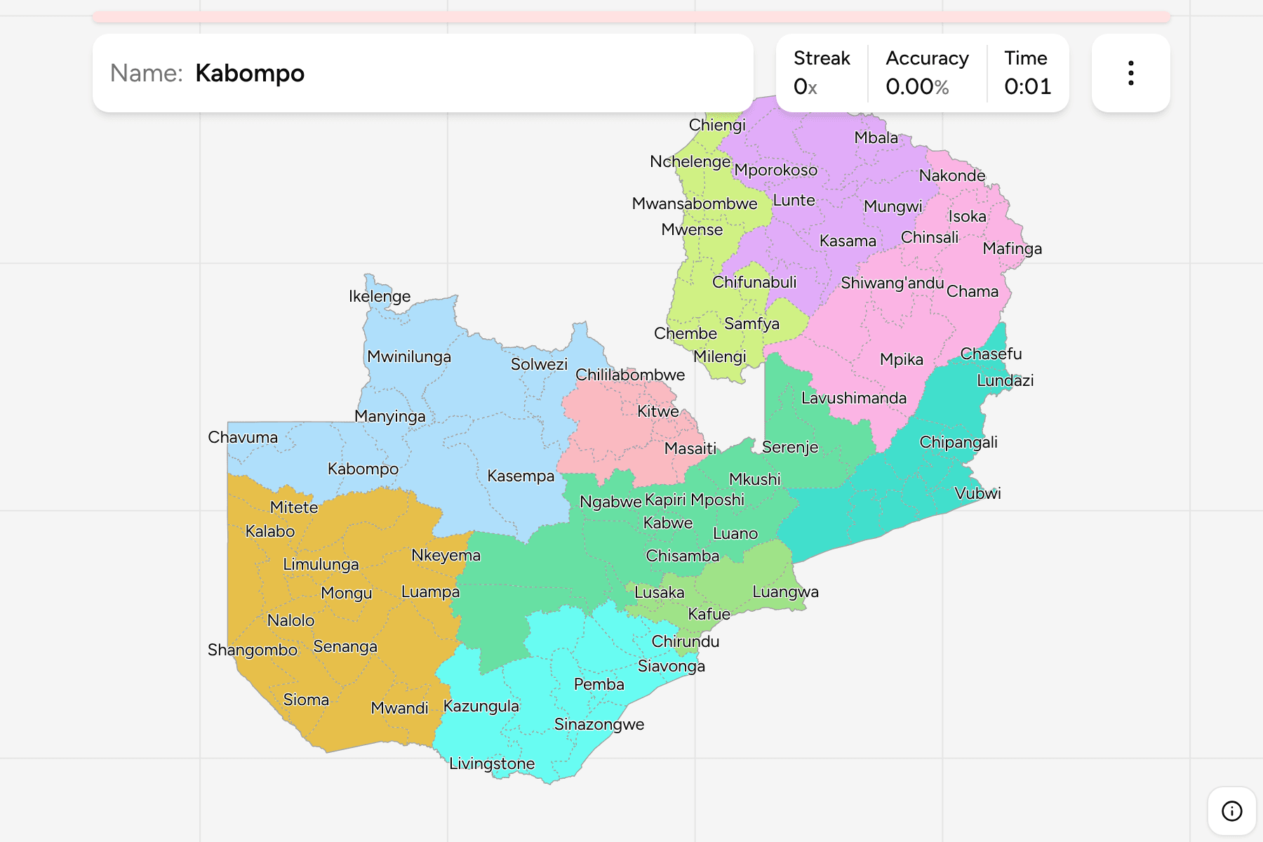 Screenshot of Zambia Districts game