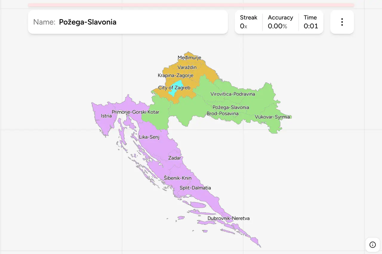 All 21 counties of Croatia, on a map quiz | Mapity